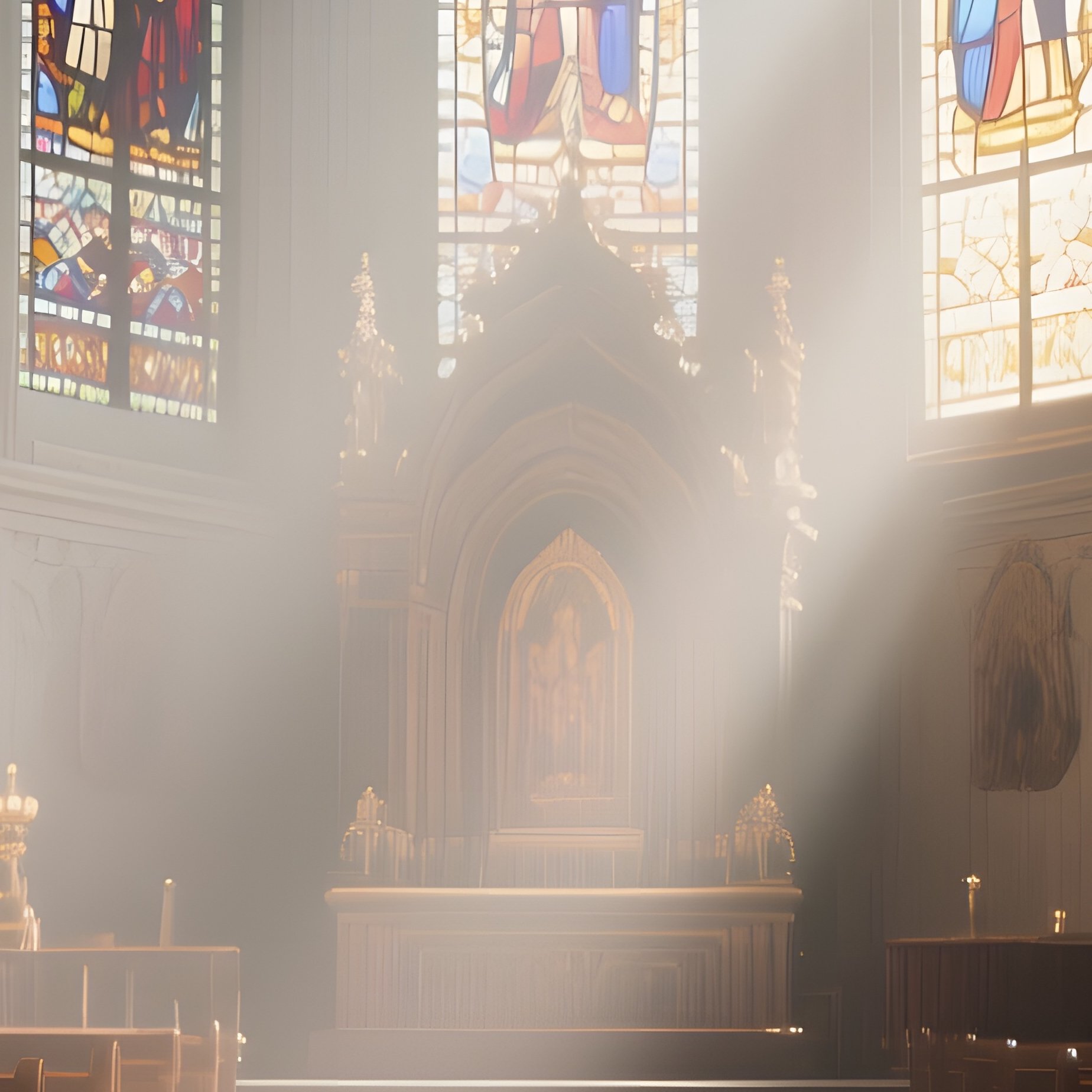 A Baroque Cathedral Interior At Noon, Sunlight Piercing Through Stained Glass, Casting - Full Resolution Quality Preview