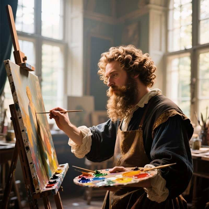 A Baroque Portrait Painter In A Sunlit Studio Mixes Pigments, His Flamboyant Curled Beard Catching