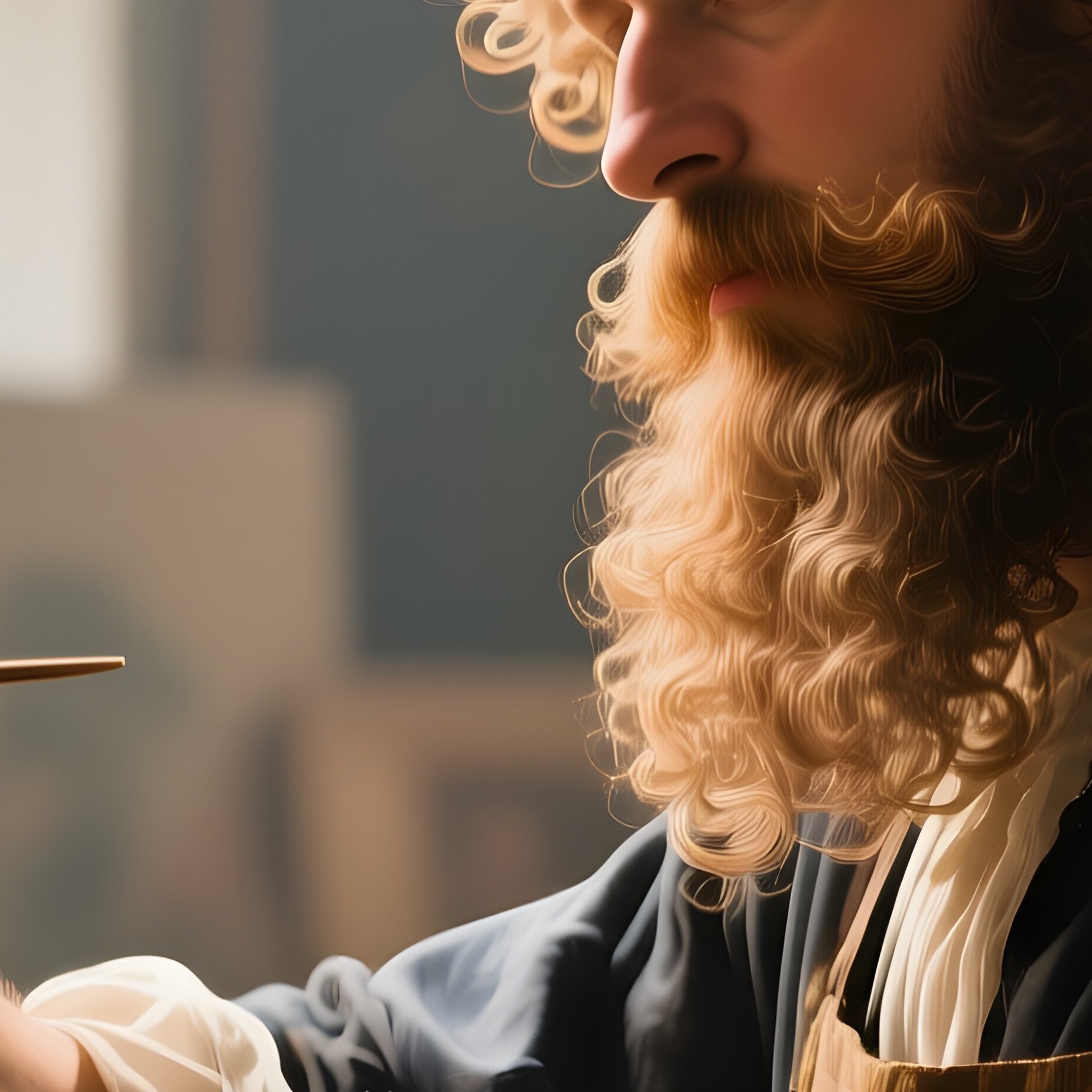 A Baroque Portrait Painter In A Sunlit Studio Mixes Pigments, His Flamboyant Curled Beard Catching - Full Resolution Quality Preview