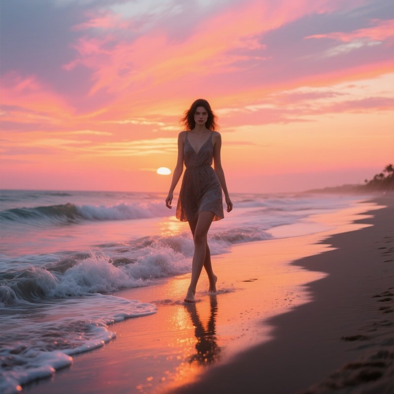 A Beach At Sunset, A Female Model Walking Along The Shoreline, Waves Lapping At Her Ankles, Sky