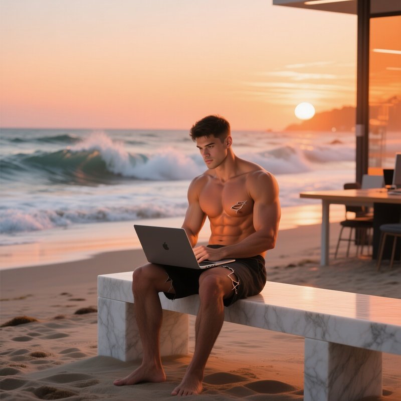 A Beach‑Side Co‑Working Space At Sunset, A Ripped‑Abs Man Seated On A White Marble Bench, Laptop