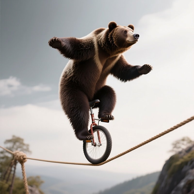 A Bear Balancing On A Unicycle Over Tightrope