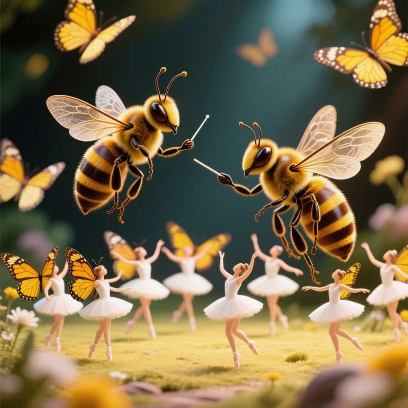 A Bee Conducting A Tiny Orchestra Of Butterflies