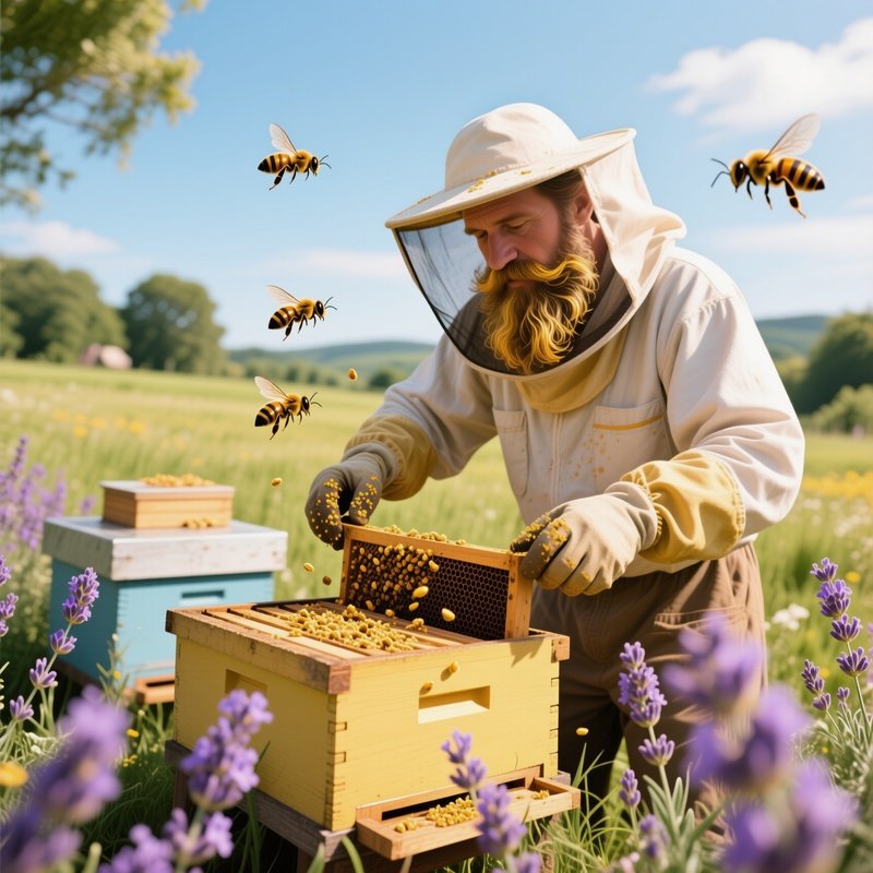 A Beekeeper In A Sunny Meadow Tends Hives, His Golden‑Streaked Beard Dusted With Pollen As Bees