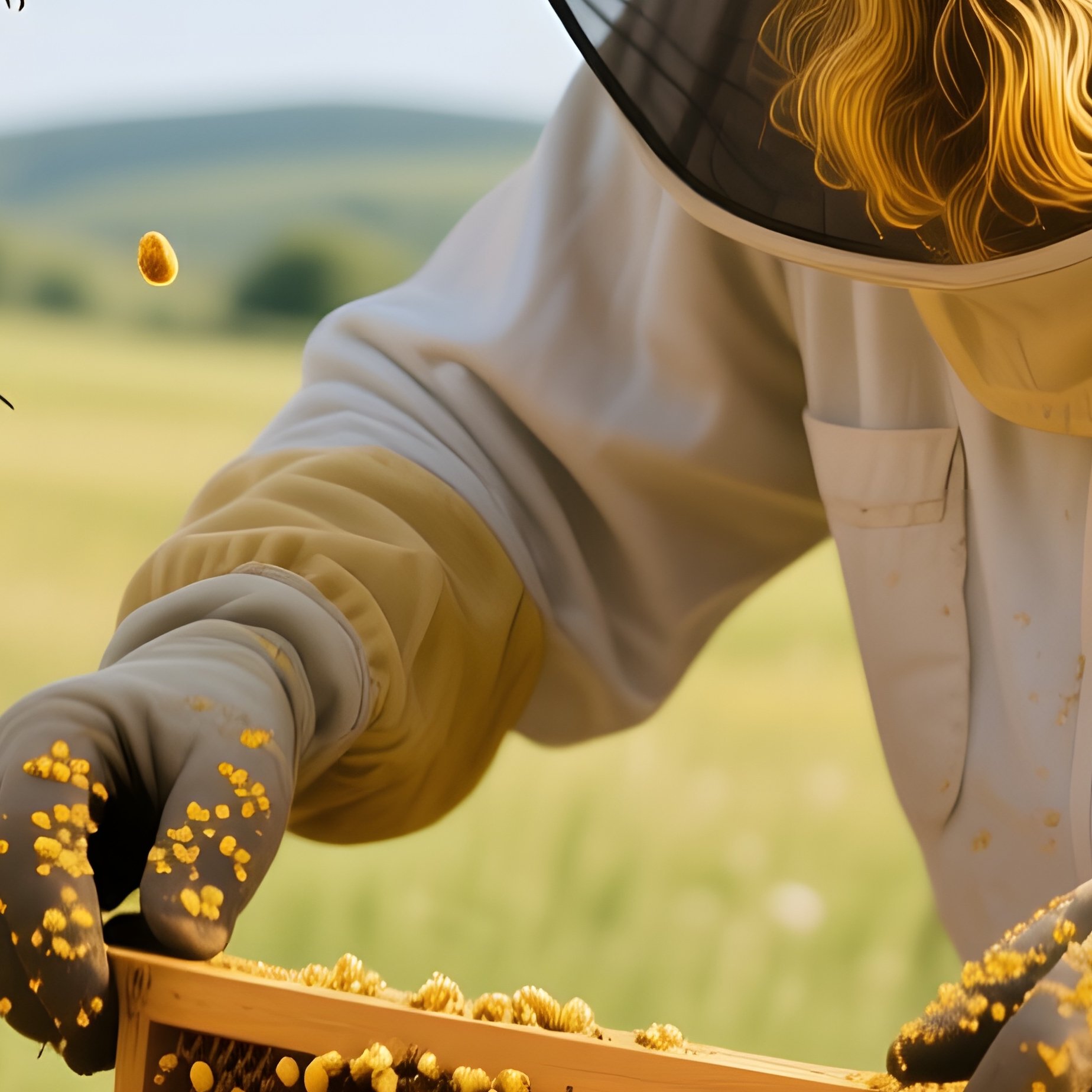 A Beekeeper In A Sunny Meadow Tends Hives, His Golden‑Streaked Beard Dusted With Pollen As Bees - Full Resolution Quality Preview