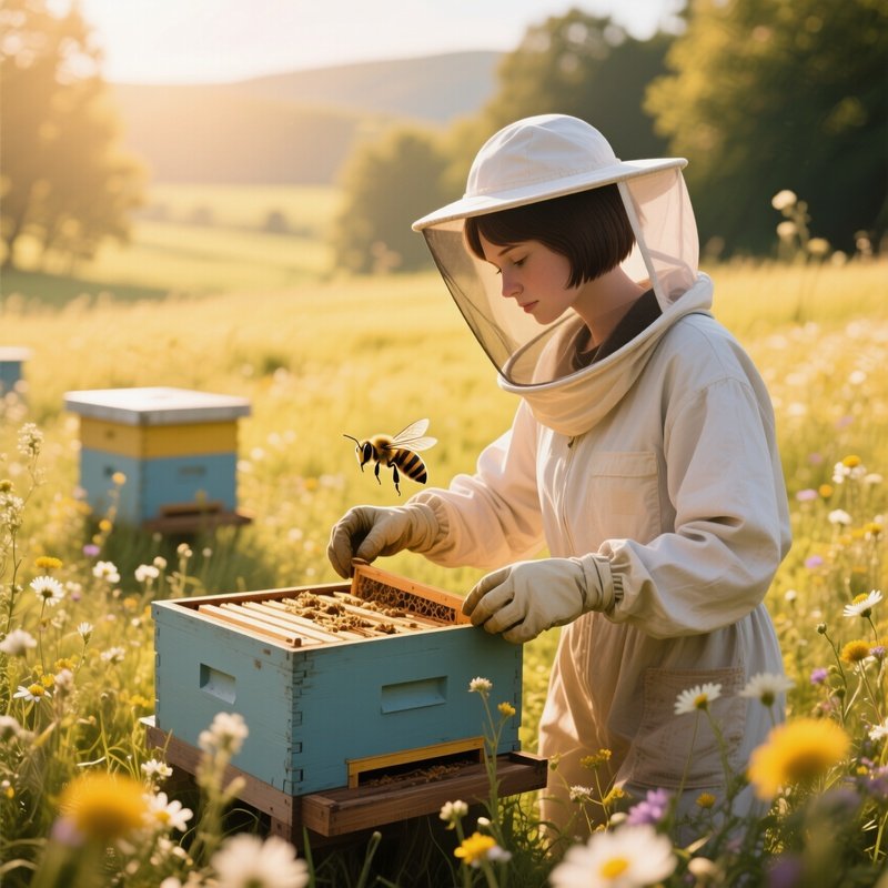 A Beekeeper With A Protective Veil And Short Hair Inspects Hives In A Sunny Meadow, Wildflowers