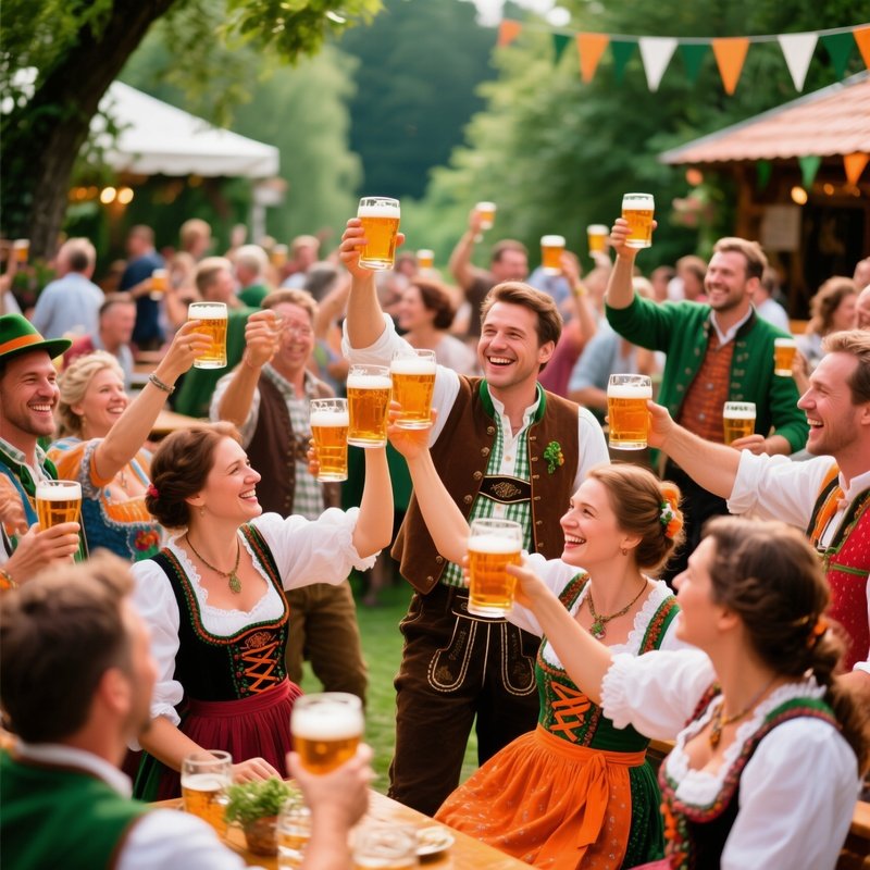 A Beer Garden Full Of People In Traditional Clothes Clinking Glasses
