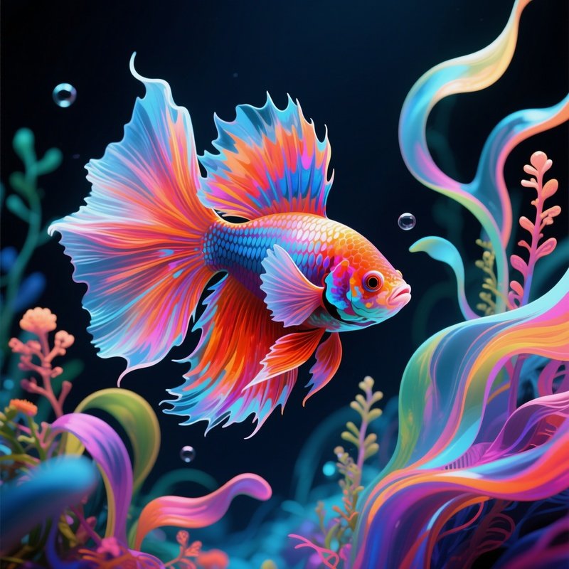 A Betta Flaring Fins Near A Plant Cluster Digital Art