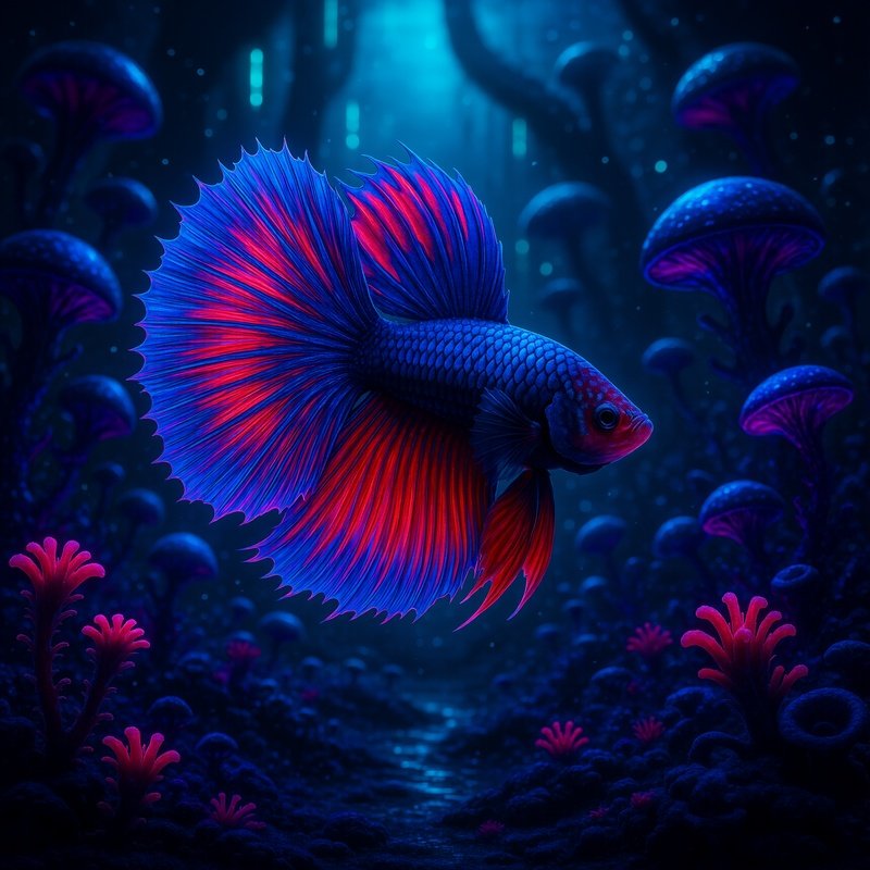 A Betta Flaring Fins Near A Plant Cluster Science Fiction