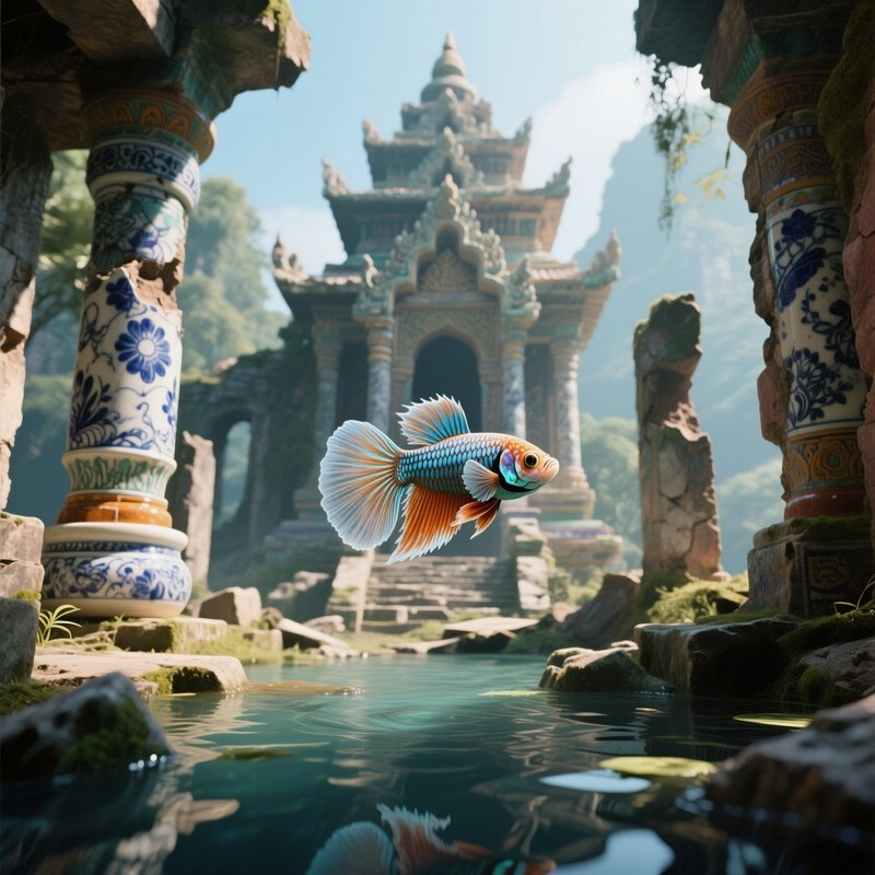 A Betta Swimming Between Ruins Of A Small Ceramic Temple