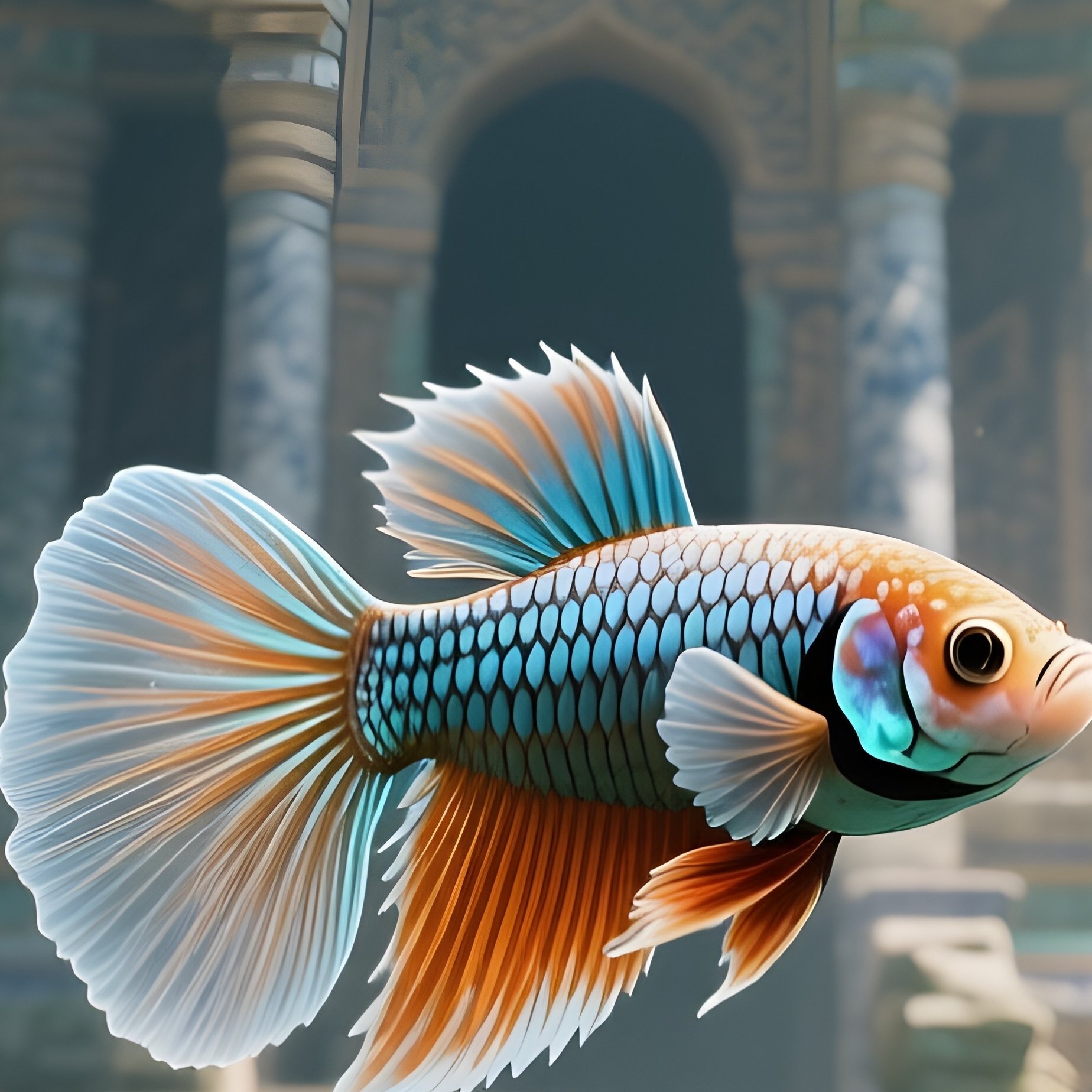 A Betta Swimming Between Ruins Of A Small Ceramic Temple - Full Resolution Quality Preview