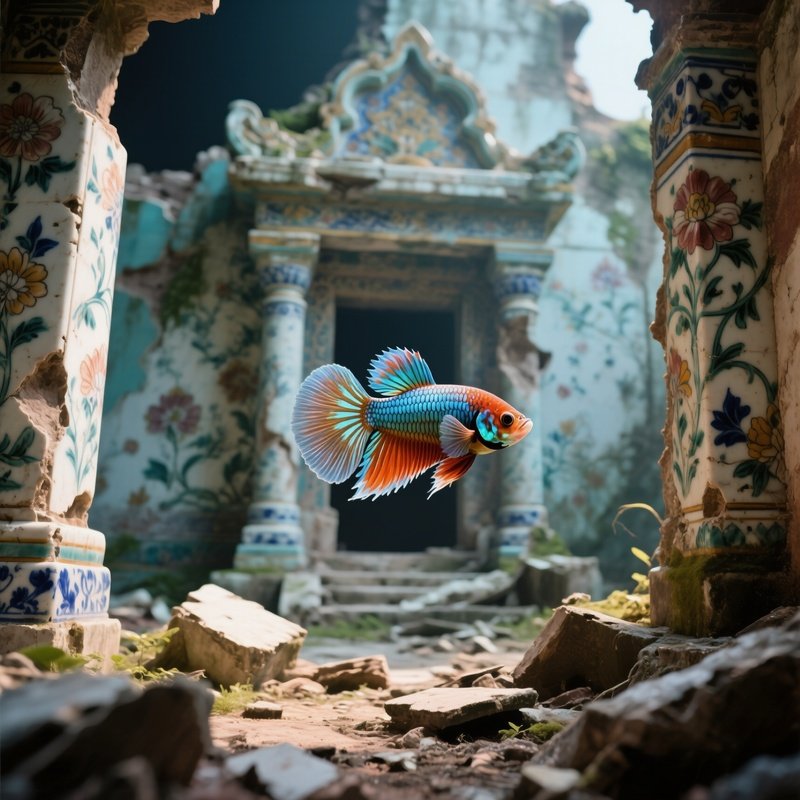A Betta Swimming Between Ruins Of A Small Ceramic Temple