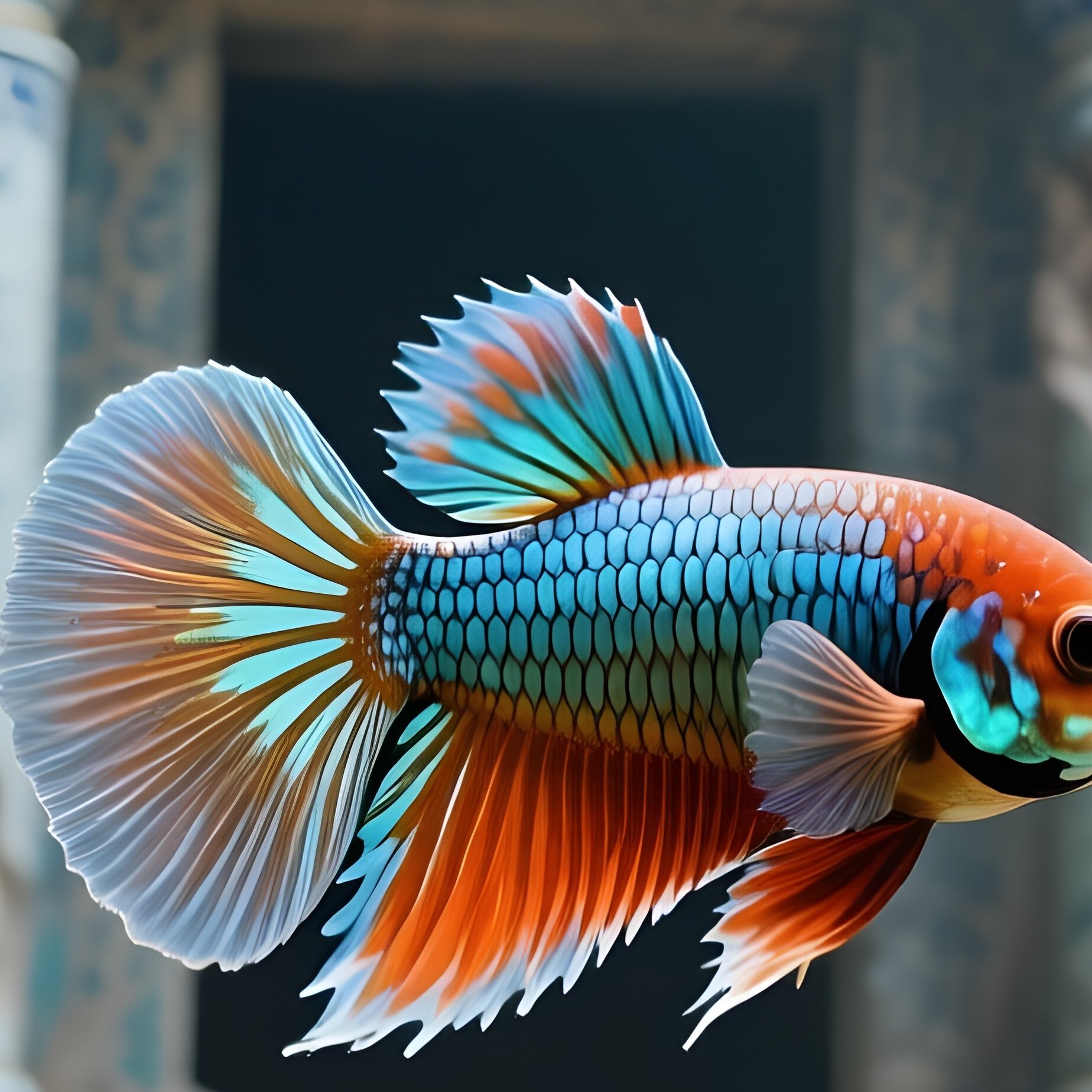 A Betta Swimming Between Ruins Of A Small Ceramic Temple - Full Resolution Quality Preview