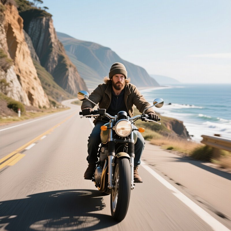 A Biker In A Rugged Beanie Rides His Vintage Motorcycle Down A Sun‑Drenched Coastal Highway, Cliffs
