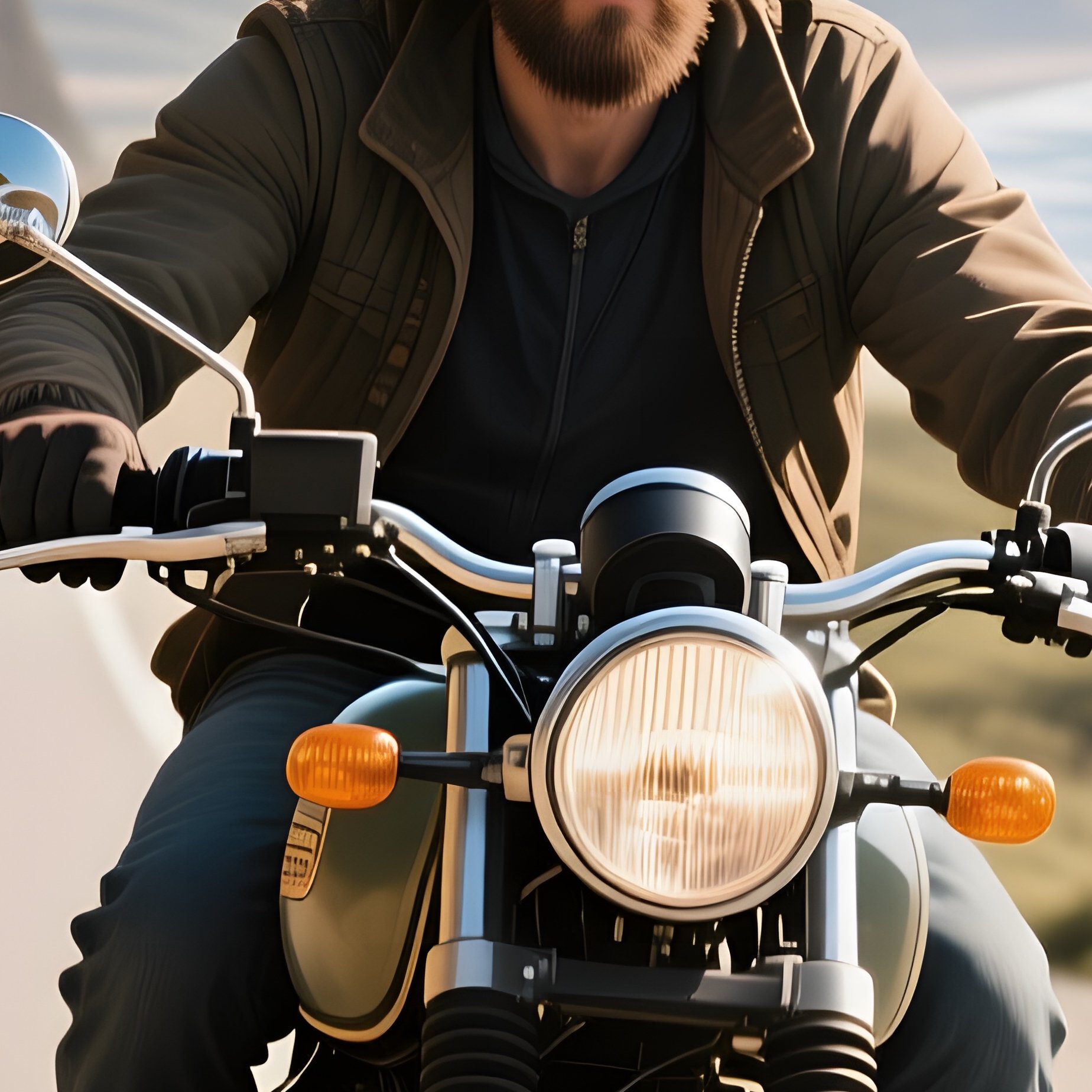 A Biker In A Rugged Beanie Rides His Vintage Motorcycle Down A Sun‑Drenched Coastal Highway, Cliffs - Full Resolution Quality Preview
