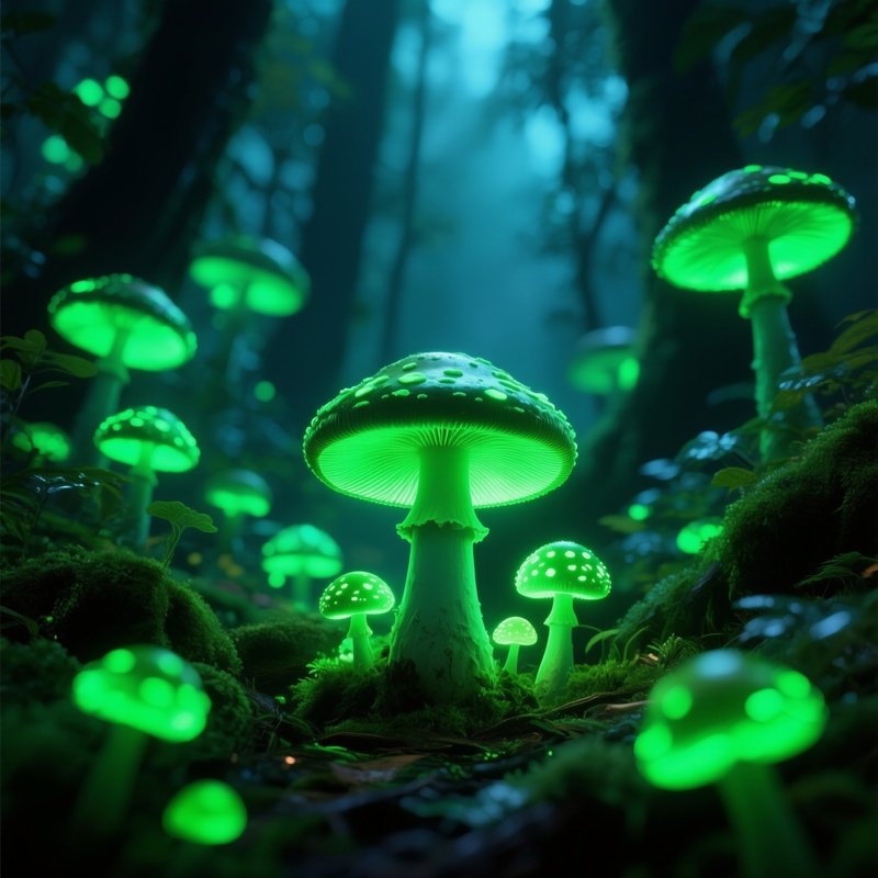 A Bioluminescent Mushroom Forest Glowing Neon Green.
