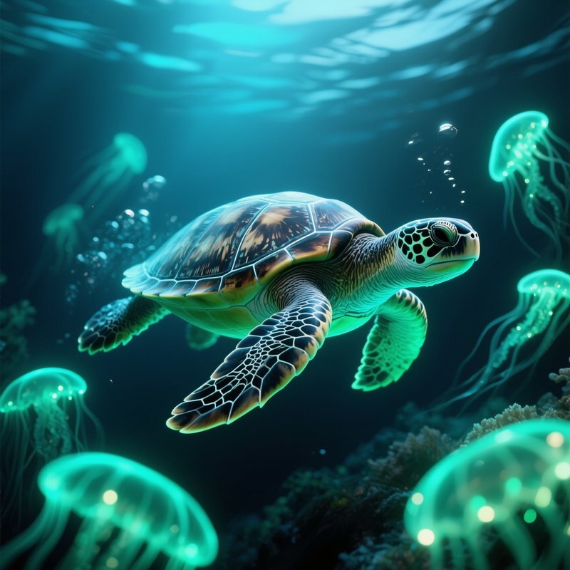 A Bioluminescent Turtle Swimming Through Glowing Plankton.
