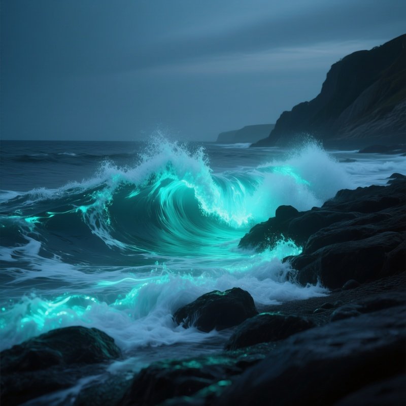 A Bioluminescent Wave Crashing Onto Dark Rocky Shore.