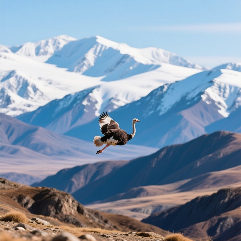A Bird Ostrich Gliding Above Mountain Peaks