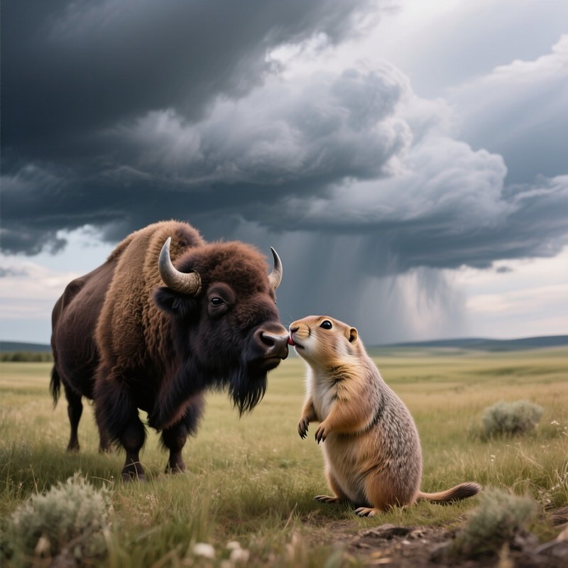 A Bison And A Prairie Dog Lean Together For A Surprising Kiss On A Wide Open Grassland Under A