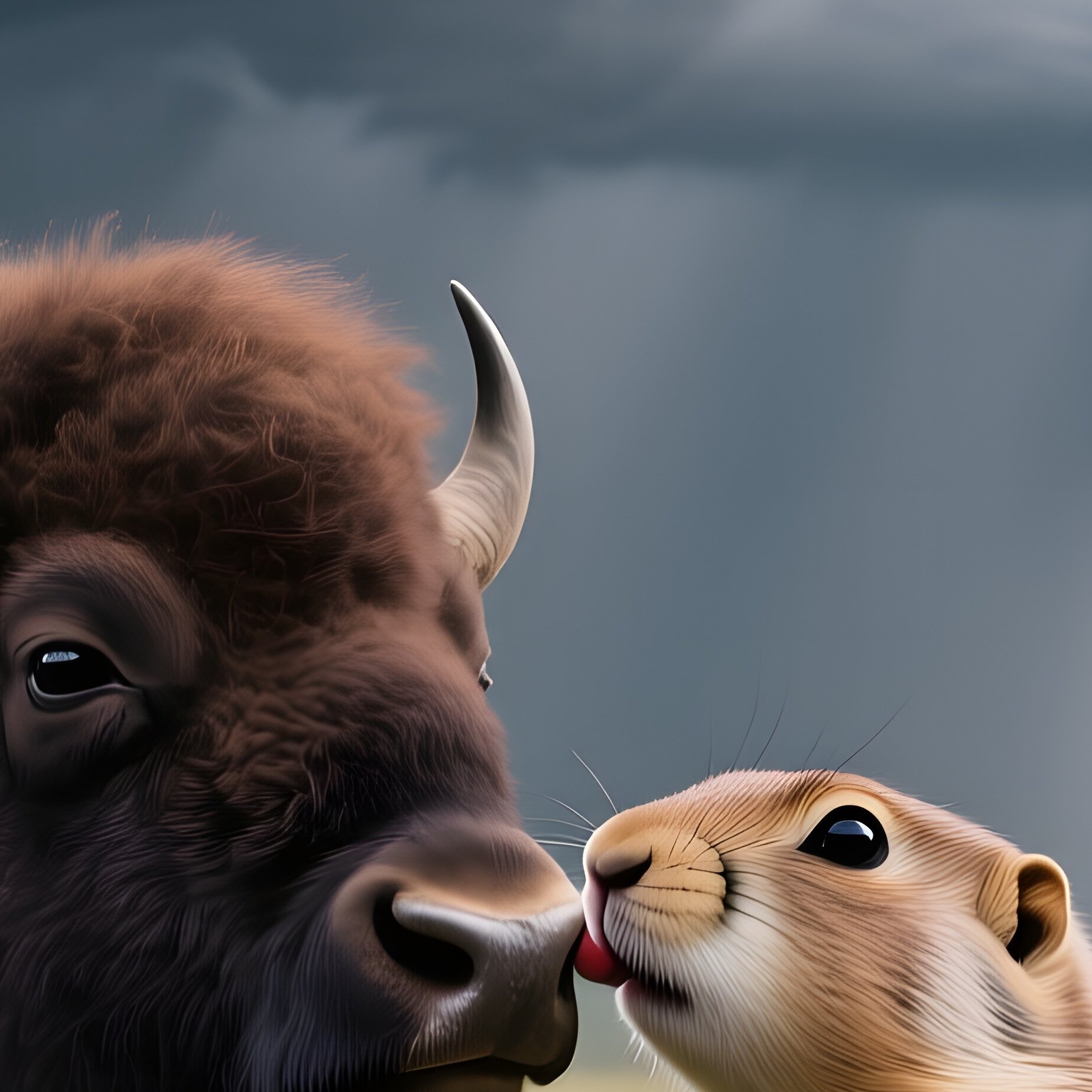 A Bison And A Prairie Dog Lean Together For A Surprising Kiss On A Wide Open Grassland Under A - Full Resolution Quality Preview