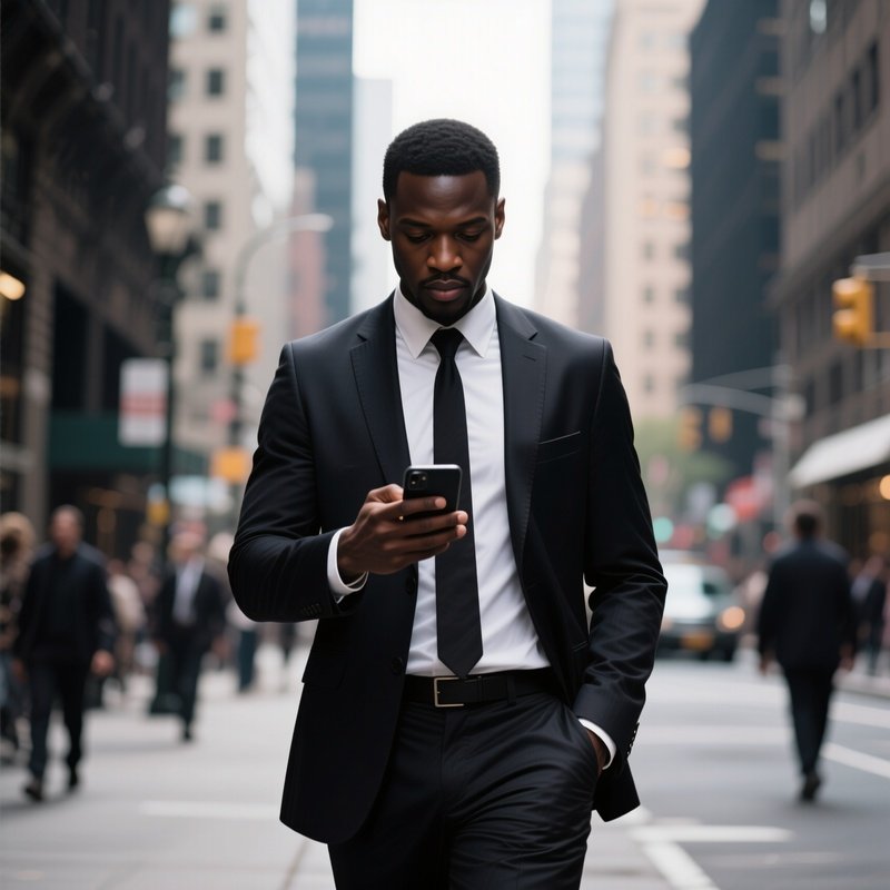 A Black Businessman Checking His Phone While Walking Through The City.