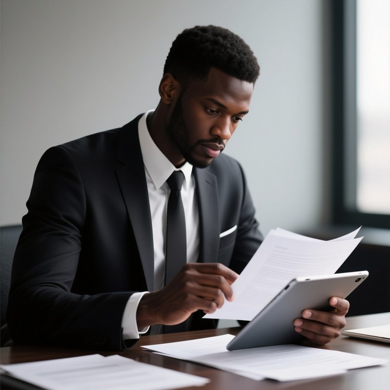 A Black Businessman Reviewing Documents On A Tablet.