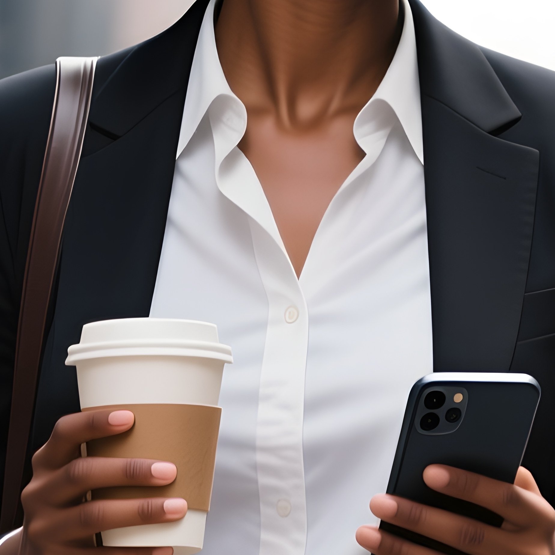A Black Businesswoman Commuting Through The City With Coffee And Smartphone. - Full Resolution Quality Preview