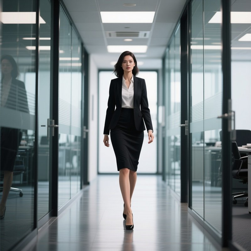 A Black Businesswoman Walking Confidently Through A Glass Office Hallway.