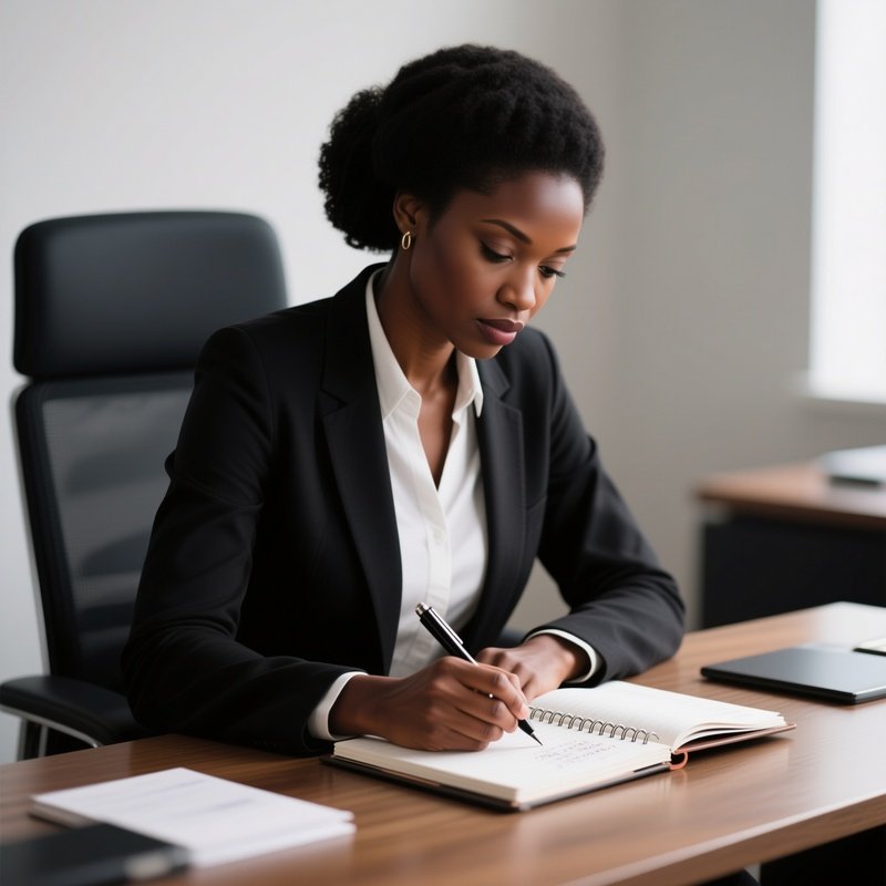 A Black Businesswoman Writing Notes In A Planner At Her Desk.