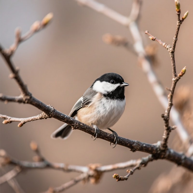 A Black Capped Chickadee Bird Sitting On A Bare Branch