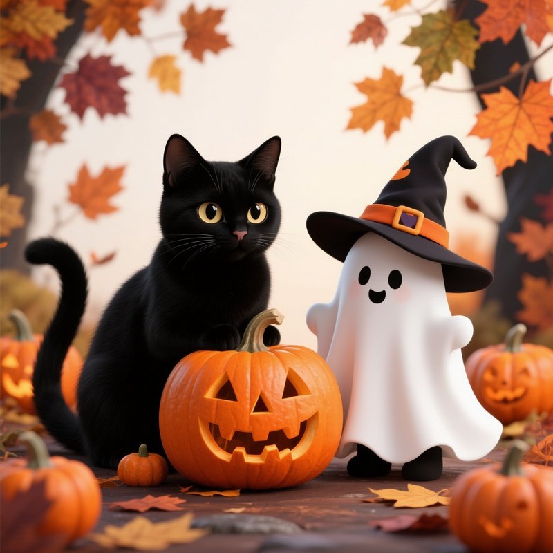 A Black Cat And A Ghost Wearing A Witch Hat Halloween Cat