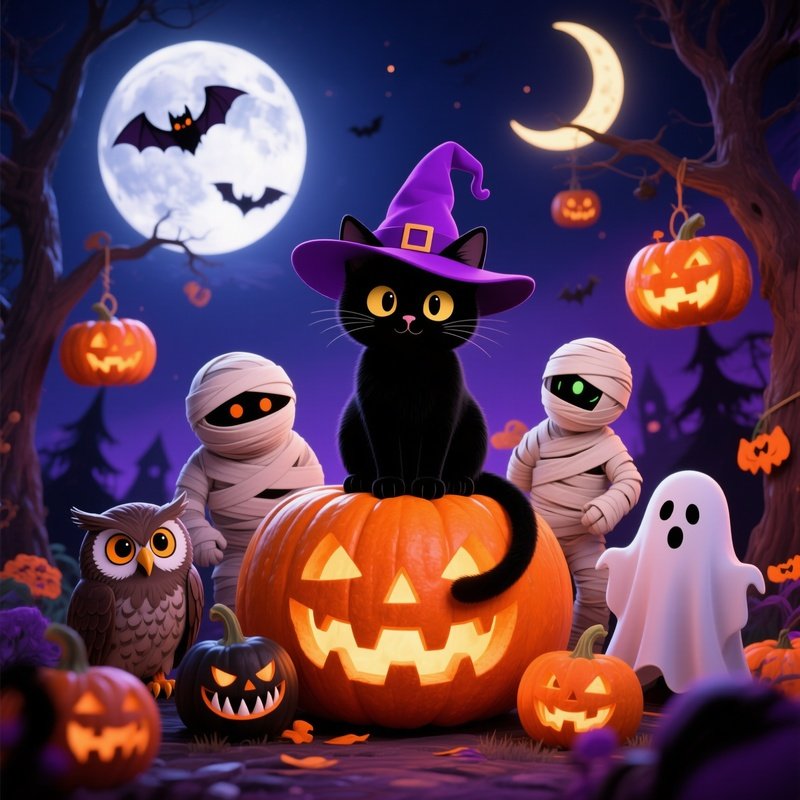 A Black Cat Dressed As A Witch Halloween Digital Art