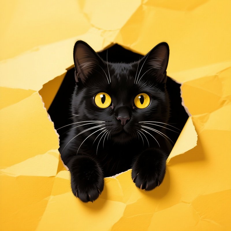 A Black Cat Peeking Through A Torn Yellow Surface Black Cat