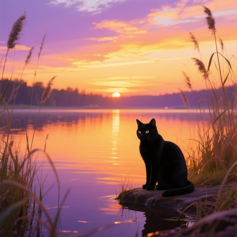 A Black Cat Sitting By A Lakeside Cat Lake