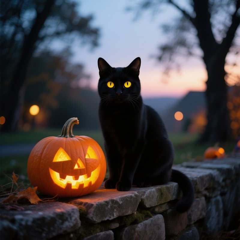 A Black Cat Sitting Next To A Carved Pumpkin Halloween Cat