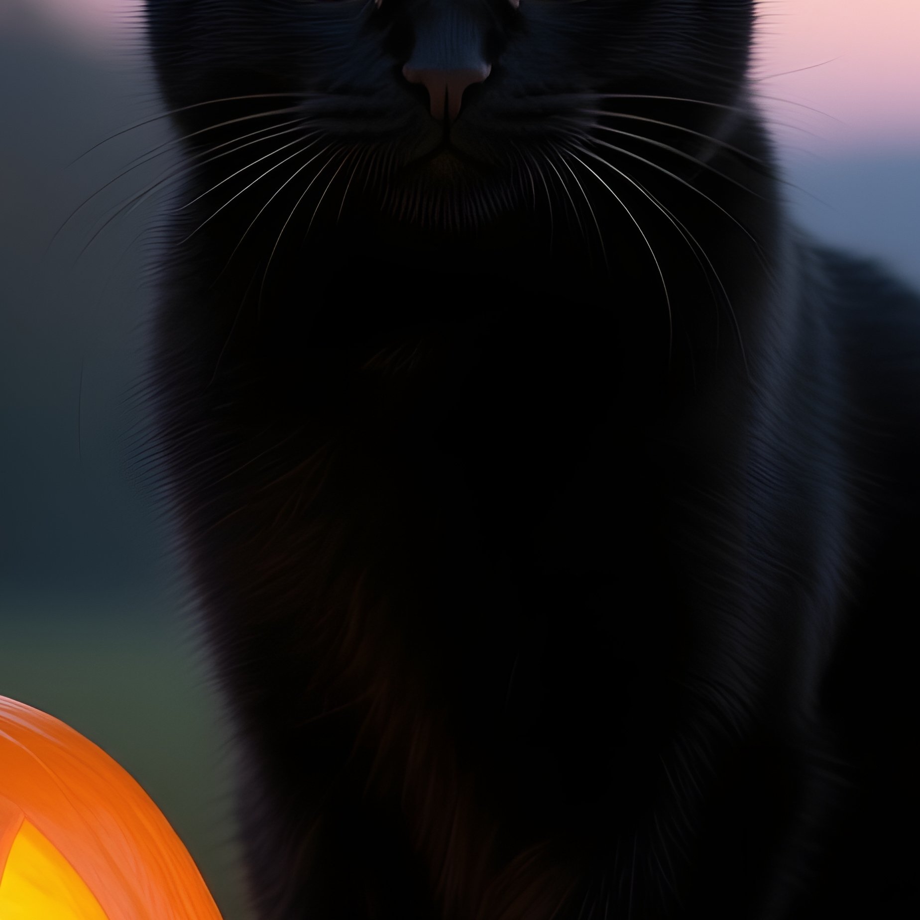 A Black Cat Sitting Next To A Carved Pumpkin Halloween Cat - Full Resolution Quality Preview
