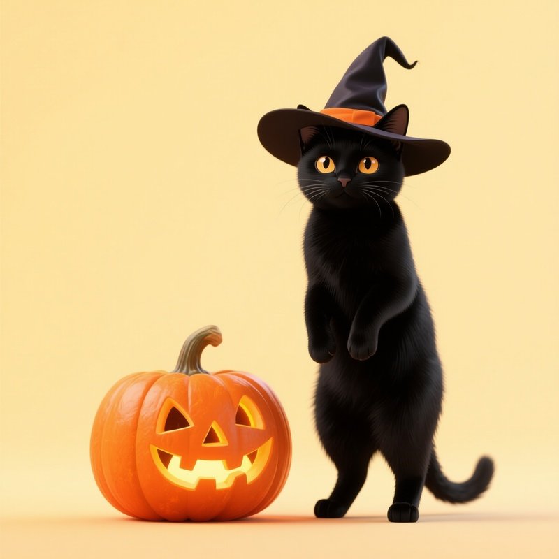 A Black Cat Wearing A Witch Hat Next To A Jack O Lantern