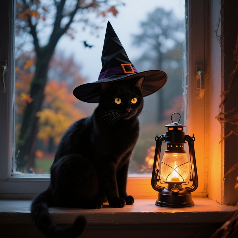 A Black Cat Wearing A Witchs Hat Black Cat Witchs Hat