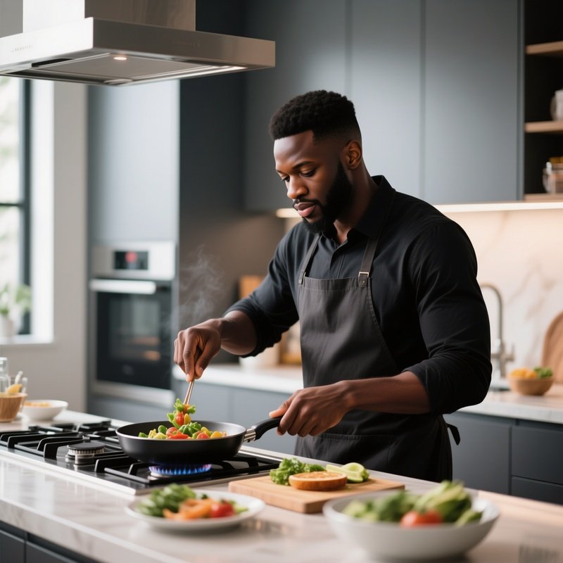 A Black Man Cooking A Healthy Meal In A Modern Kitchen.