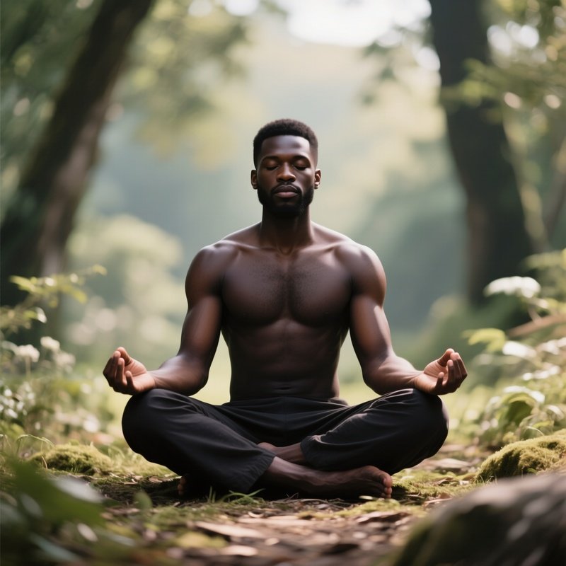 A Black Man Meditating Outdoors In Nature.