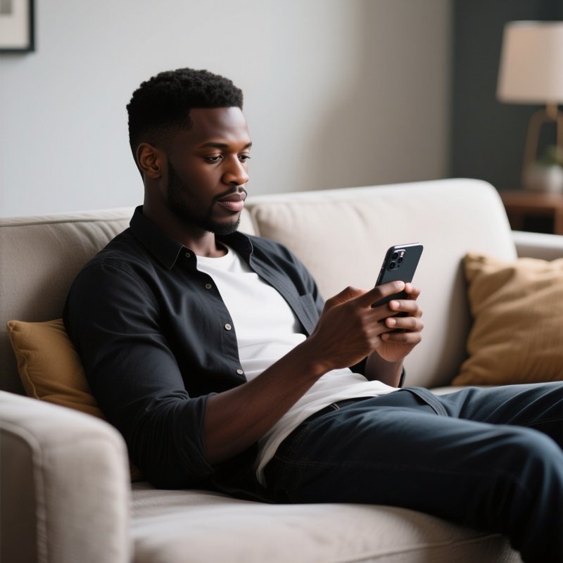 A Black Man Relaxing On A Sofa While Scrolling On His Smartphone.