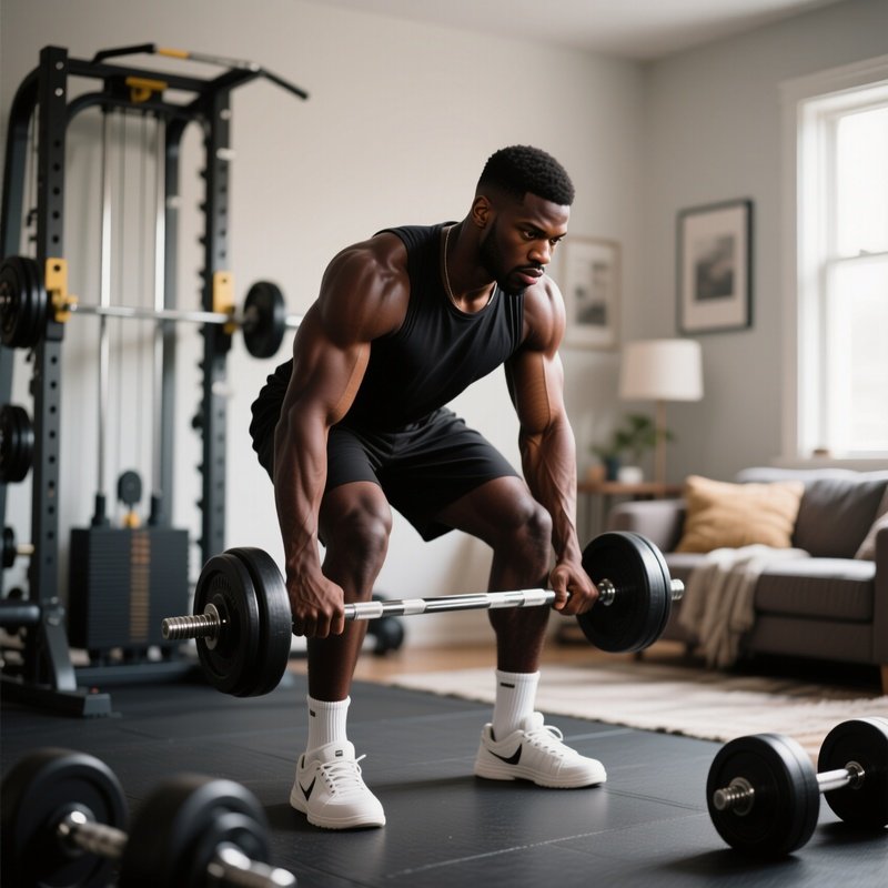 A Black Man Working Out With Weights In A Home Gym.