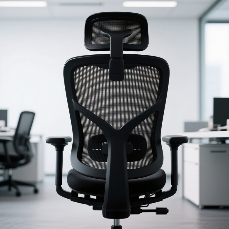 A Black Mesh Ergonomic Office Chair Shown From The Back, Highlighting The Lumbar Support Structure, Situated In A Clean Corporate Office Setting.
