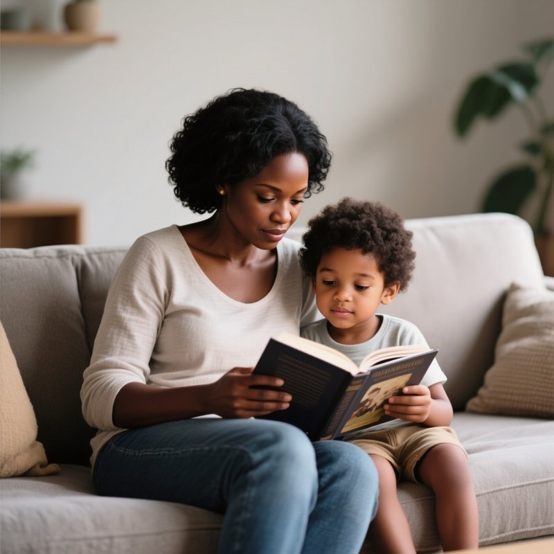 A Black Mother And Her Child Reading A Book Together On A Sofa.