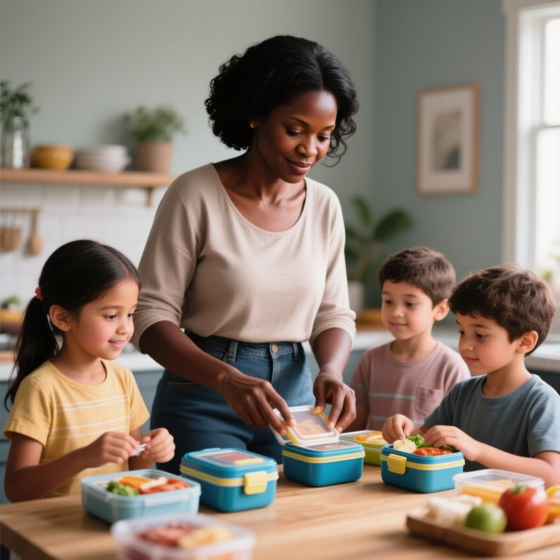 A Black Mother Preparing Lunchboxes For Her Children.