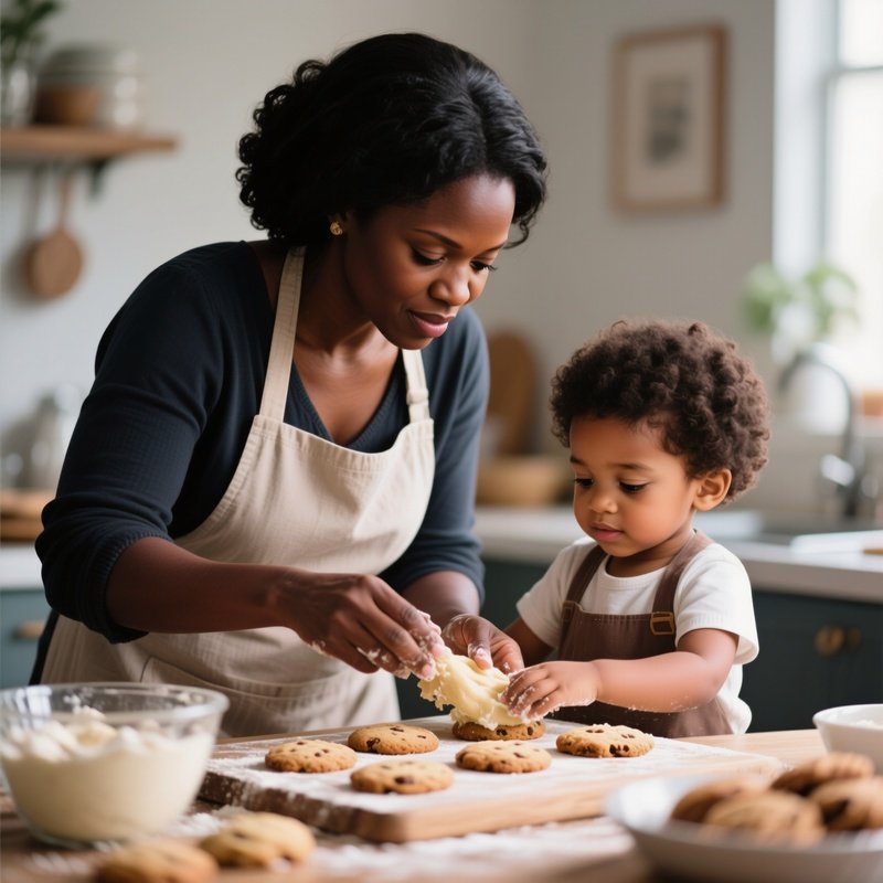 A Black Mother Teaching Her Child How To Bake Cookies.