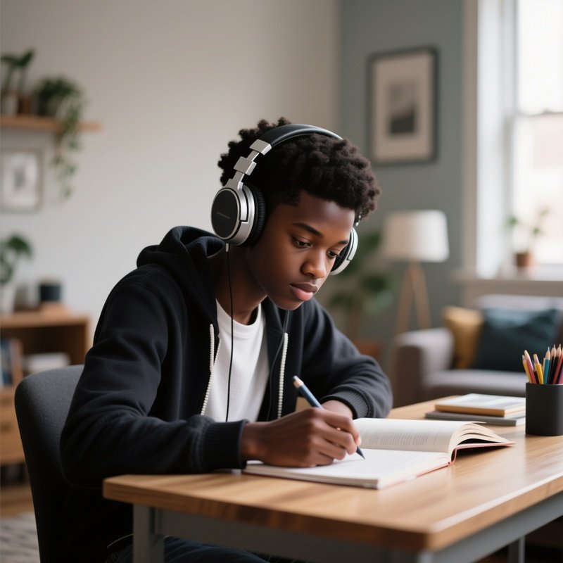 A Black Student Studying With Headphones At A Desk At Home.