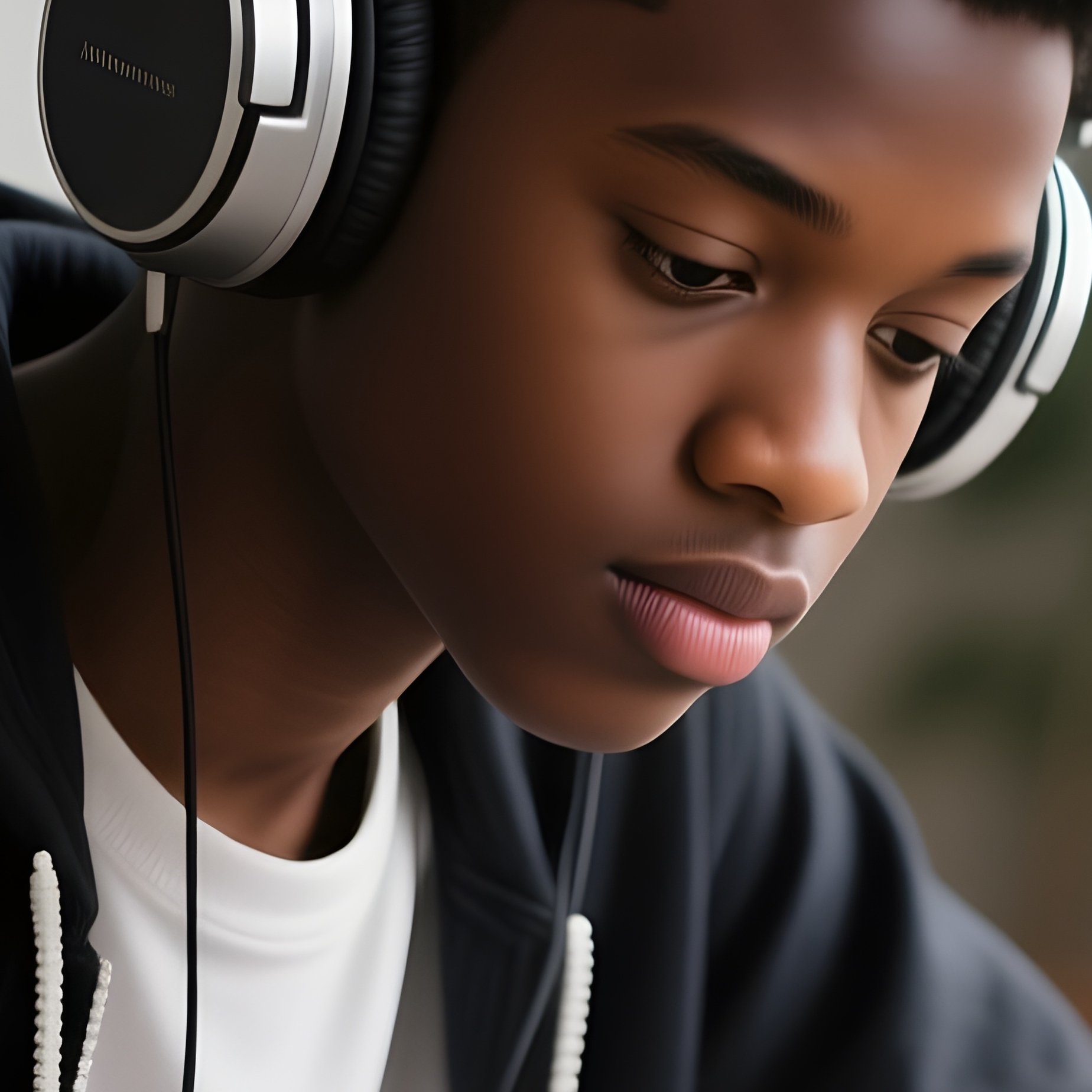 A Black Student Studying With Headphones At A Desk At Home. - Full Resolution Quality Preview