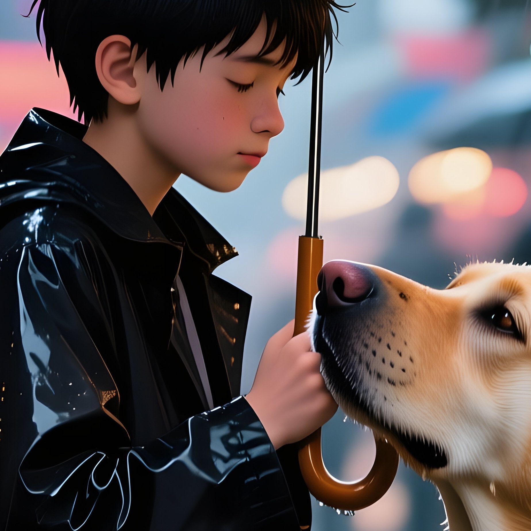 A Black Teenage Boy In A Raincoat Standing Under An Umbrella In A Bustling Market, Giving His Wet - Full Resolution Quality Preview